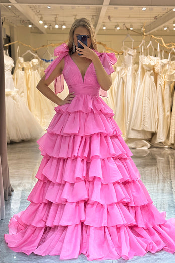 Hot Pink A Line V Neck Long Tiered Prom Dress