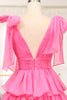 Load image into Gallery viewer, Fuchsia A Line V Neck Tiered Long Prom Dress With Slit