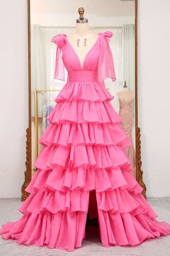 Fuchsia A Line V Neck Tiered Long Prom Dress With Slit