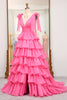 Load image into Gallery viewer, Fuchsia A Line V Neck Tiered Long Prom Dress With Slit