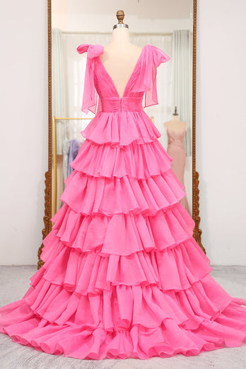 Fuchsia A Line V Neck Tiered Long Prom Dress With Slit