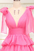 Load image into Gallery viewer, Fuchsia A Line V Neck Tiered Long Prom Dress With Slit