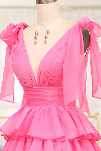 Fuchsia A Line V Neck Tiered Long Prom Dress With Slit