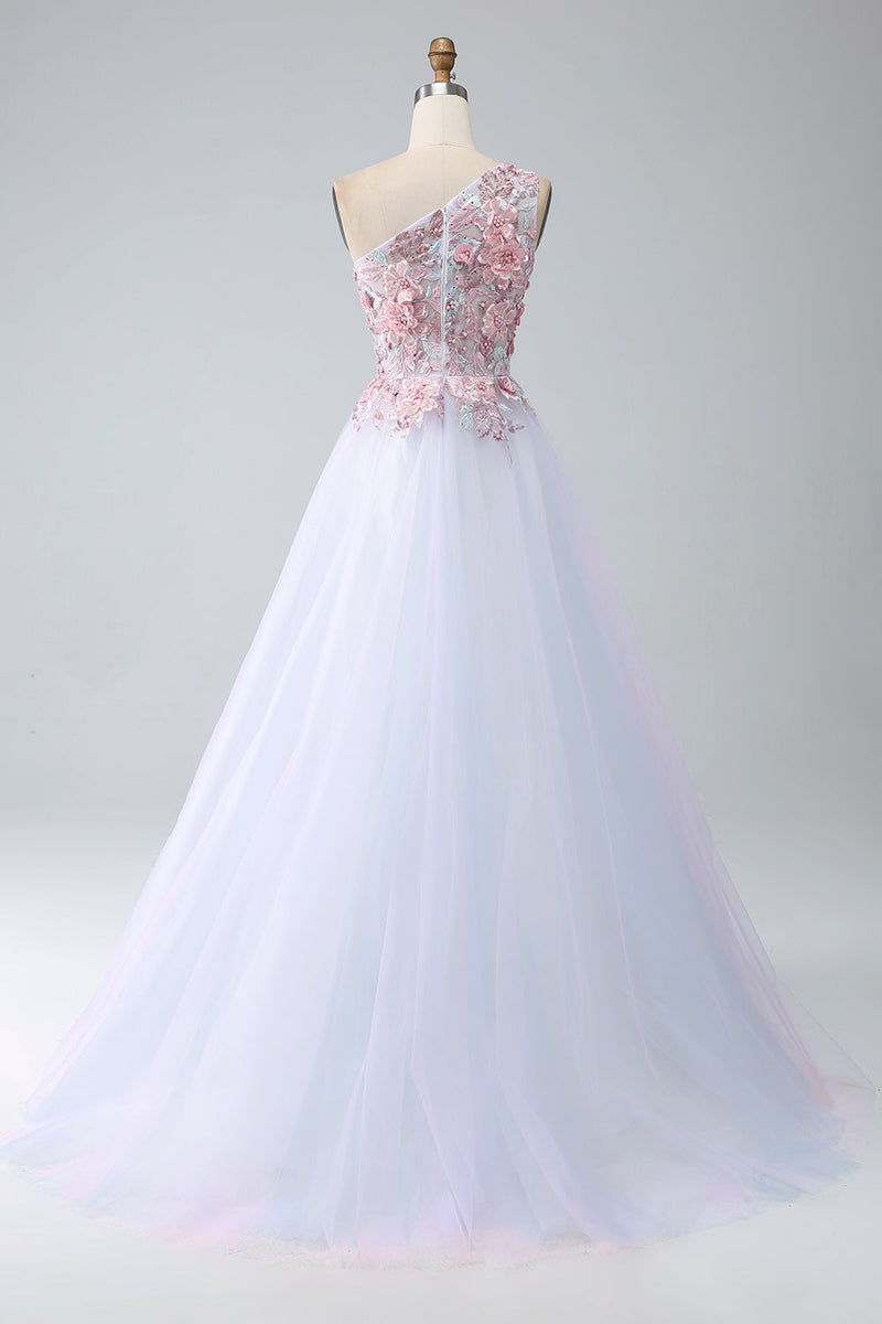 Load image into Gallery viewer, A-Line One Shoulder Pink Prom Dress with Appliques