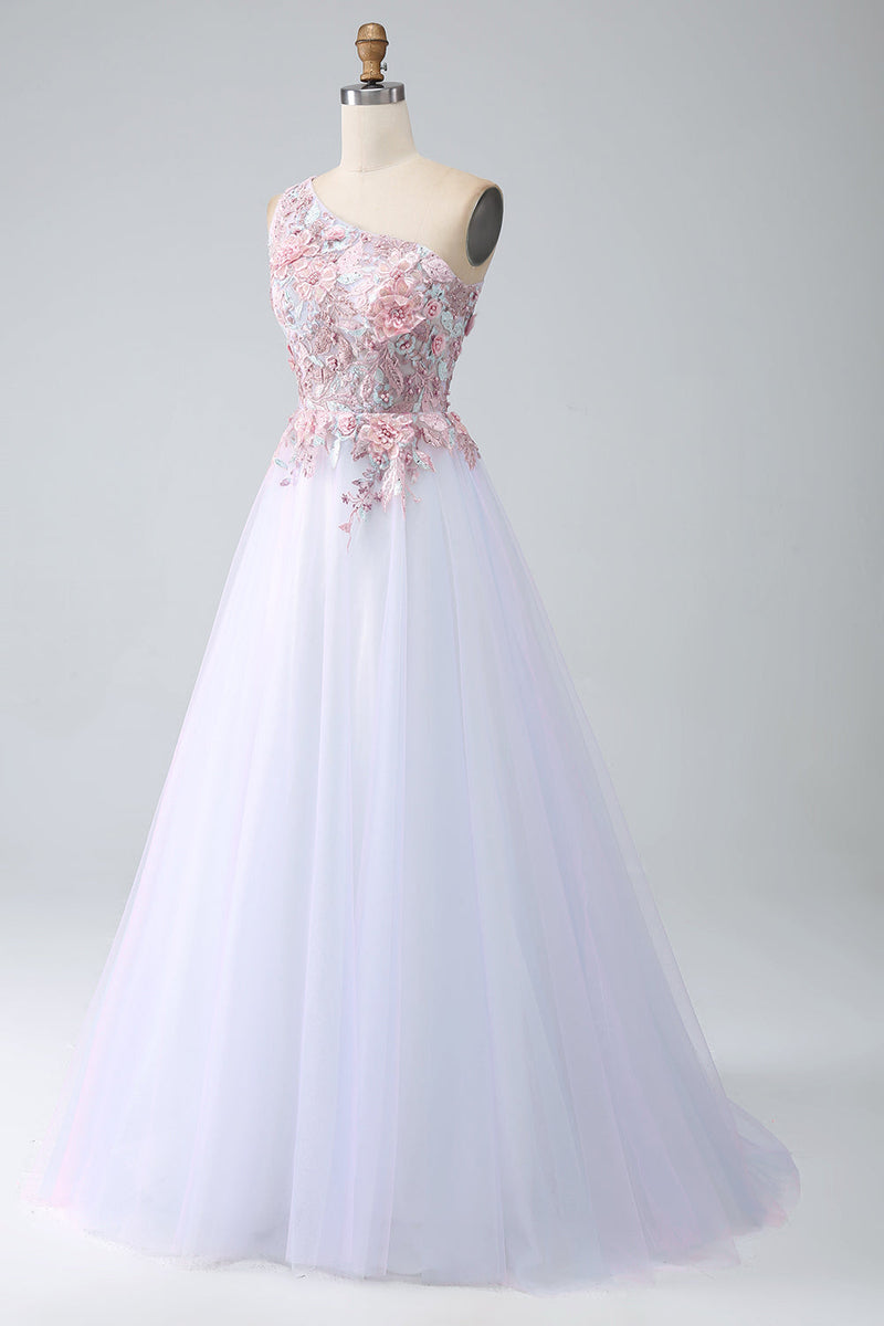 Load image into Gallery viewer, A-Line One Shoulder Pink Prom Dress with Appliques