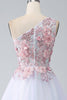 Load image into Gallery viewer, A-Line One Shoulder Pink Prom Dress with Appliques