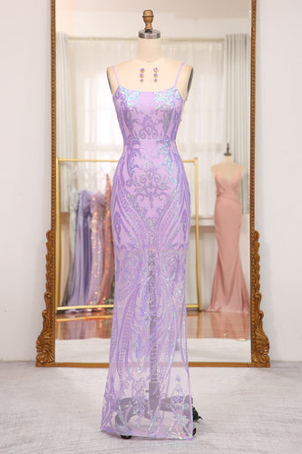 Glitter Lilac Mermaid Spaghetti Straps Backless Long Prom Dress With Embroidery