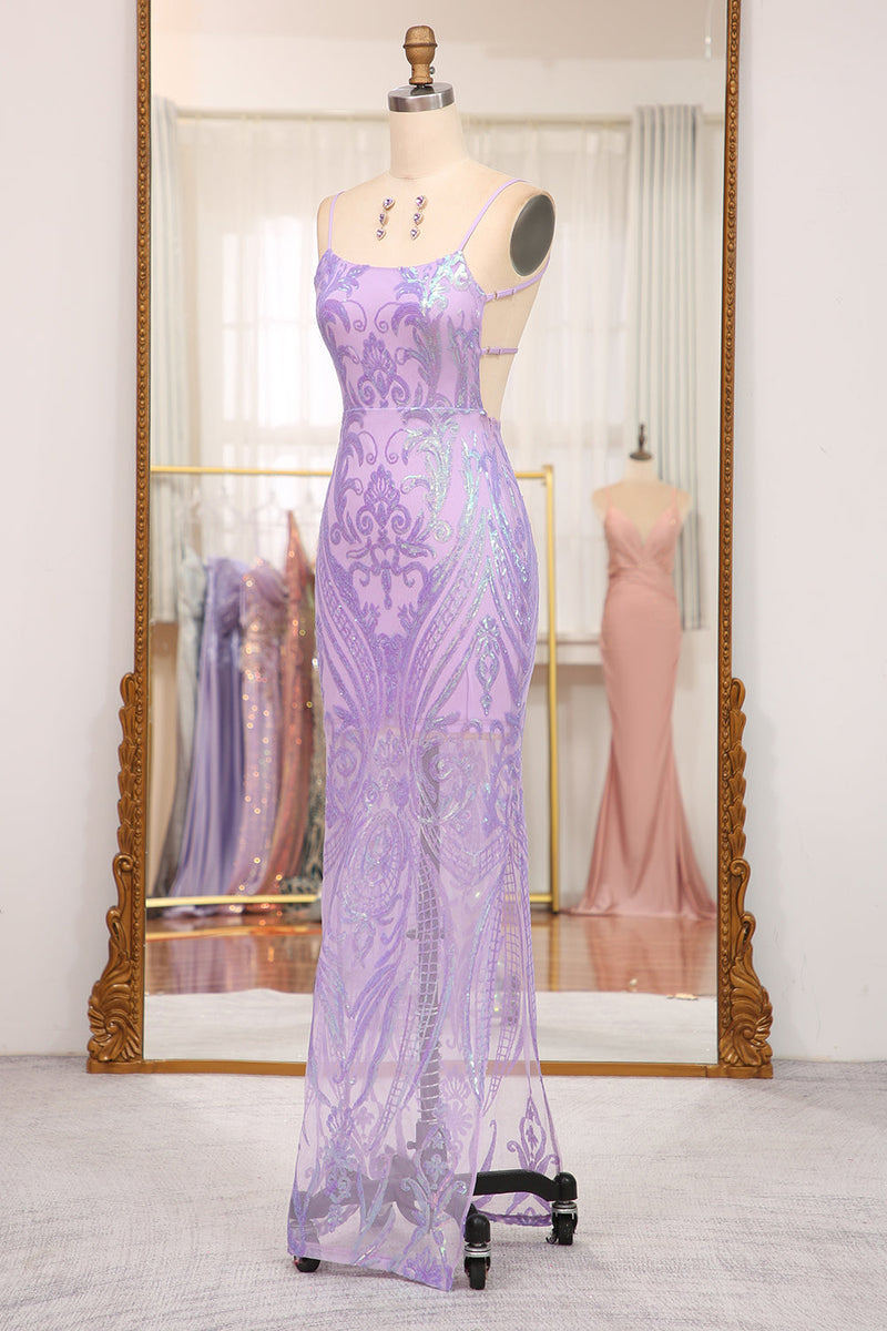 Load image into Gallery viewer, Glitter Lilac Mermaid Spaghetti Straps Backless Long Prom Dress With Embroidery