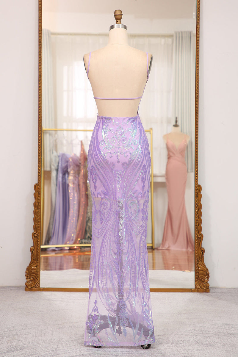 Load image into Gallery viewer, Glitter Lilac Mermaid Spaghetti Straps Backless Long Prom Dress With Embroidery