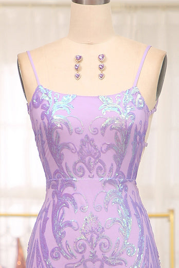 Glitter Lilac Mermaid Spaghetti Straps Backless Long Prom Dress With Embroidery