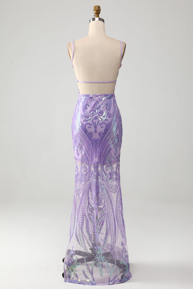 Load image into Gallery viewer, Light Purple Backless Prom Dress with Sequins