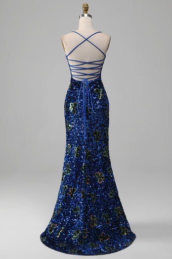 Royal Blue Mermaid Spaghetti Straps Sequins Prom Dress With Slit