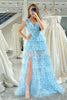 Load image into Gallery viewer, Blue A Line Tulle V Neck Tiered Long Prom Dress With Slit