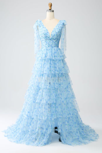 A-Line V-Neck Light Blue Tiered Prom Dress