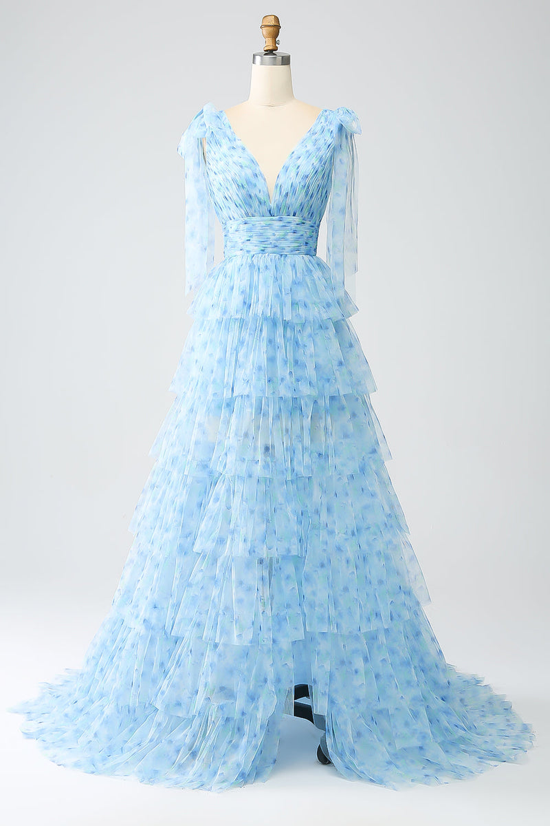 Load image into Gallery viewer, A-Line V-Neck Light Blue Tiered Prom Dress