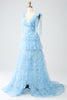 Load image into Gallery viewer, A-Line V-Neck Light Blue Tiered Prom Dress