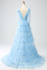 Load image into Gallery viewer, A-Line V-Neck Light Blue Tiered Prom Dress