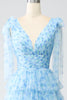 Load image into Gallery viewer, A-Line V-Neck Light Blue Tiered Prom Dress