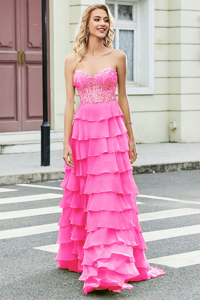 Load image into Gallery viewer, Gorgeous A Line Sweetheart Corset Hot Pink Prom Dress with Appliques Ruffles