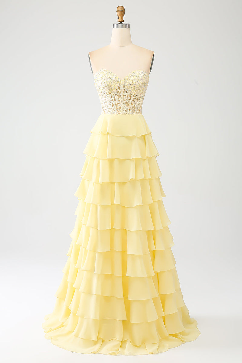 Load image into Gallery viewer, Yellow Sweetheart Tiered Prom Dress