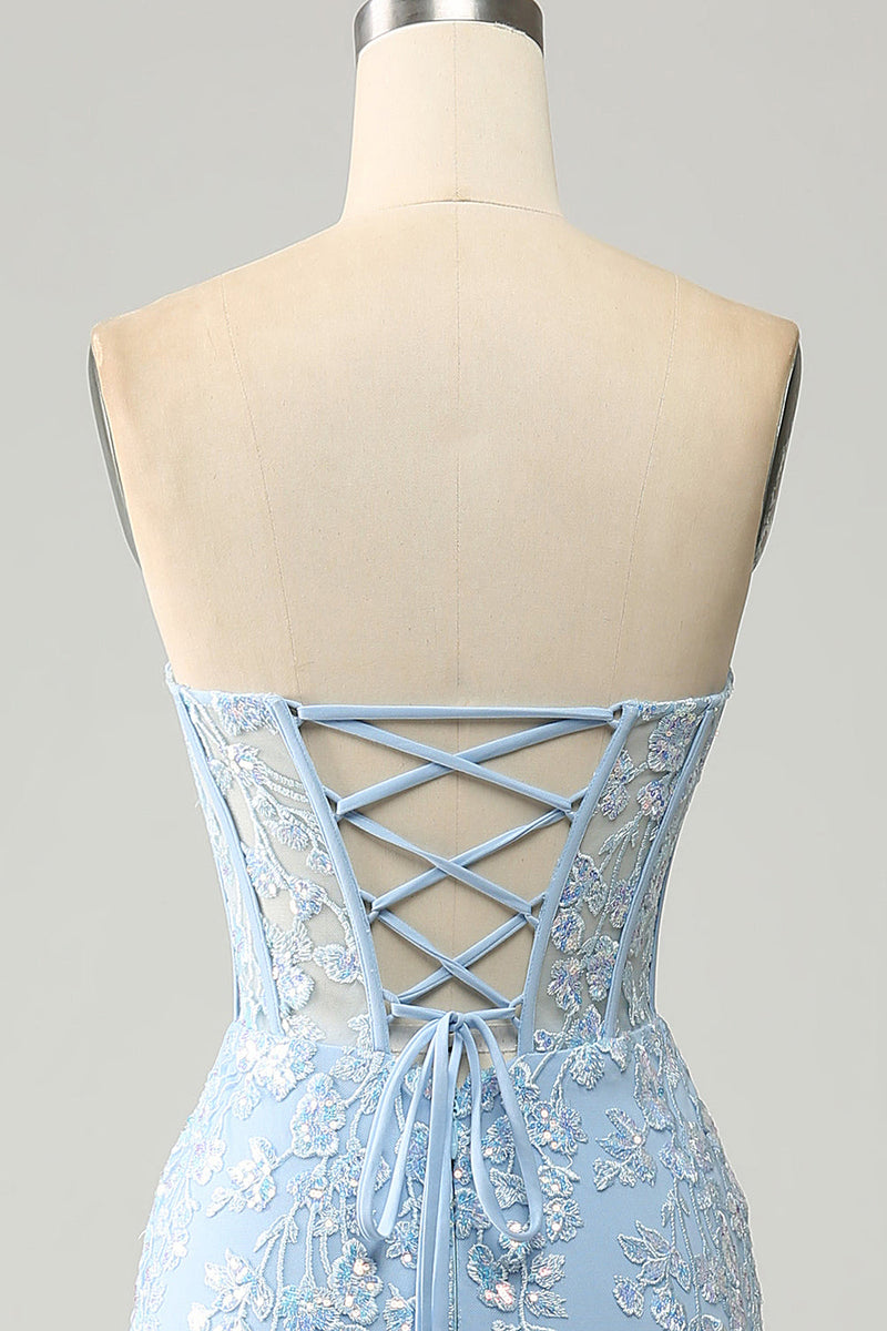 Load image into Gallery viewer, Light Blue Mermaid Sweetheart Corset Appliques Prom Dress With Side Slit