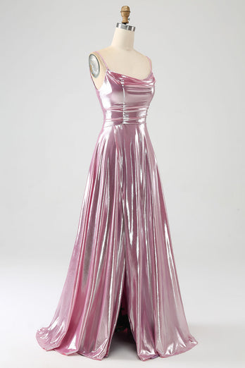 Stunning A Line Spaghetti Straps Pink Long Prom Dress with Split Front