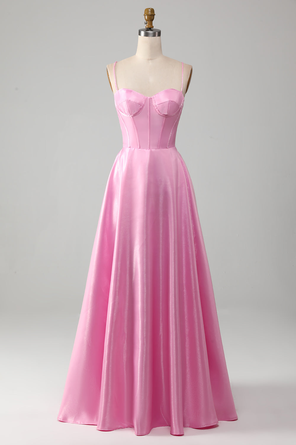 A-Line Spaghetti Straps Pink Corset Prom Dress