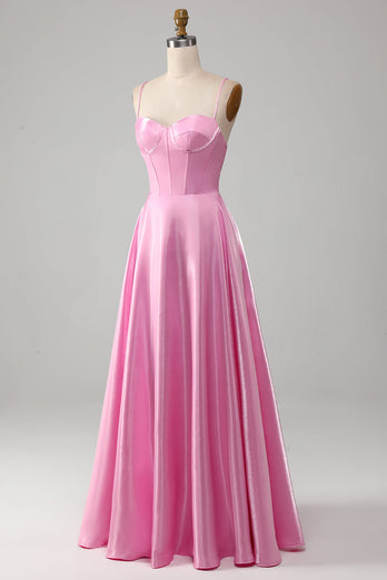 A-Line Spaghetti Straps Pink Corset Prom Dress