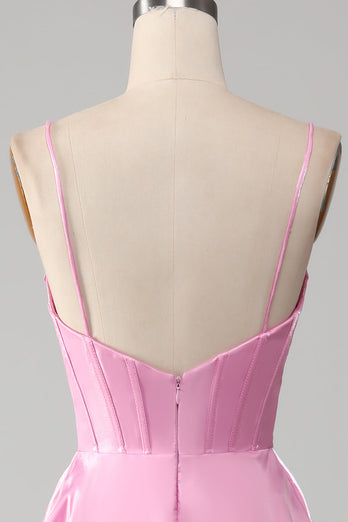 A-Line Spaghetti Straps Pink Corset Prom Dress