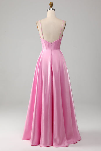 A-Line Spaghetti Straps Pink Corset Prom Dress