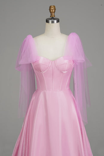 A-Line Spaghetti Straps Pink Corset Prom Dress