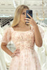 Load image into Gallery viewer, Champagne A Line Square Neck Long Prom Dress With Short Sleeves