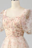 Load image into Gallery viewer, Champagne A-Line Floral Print Pleated Tiered Prom Dress With Puff Sleeves