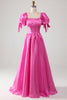 Load image into Gallery viewer, Puff Sleeves Hot Pink Prom Dress with Ruffles