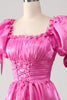 Load image into Gallery viewer, Puff Sleeves Hot Pink Prom Dress with Ruffles