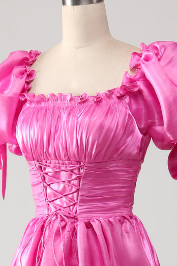 Puff Sleeves Hot Pink Prom Dress with Ruffles