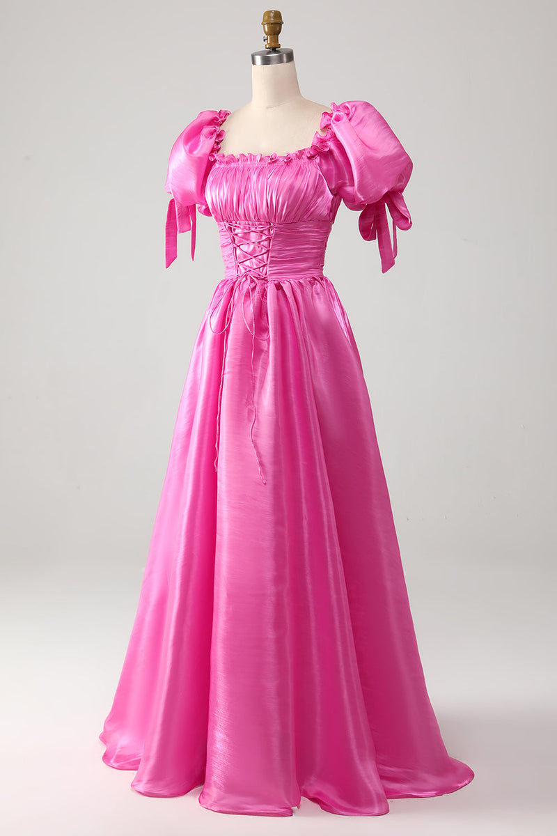 Load image into Gallery viewer, Puff Sleeves Hot Pink Prom Dress with Ruffles