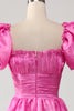 Load image into Gallery viewer, Puff Sleeves Hot Pink Prom Dress with Ruffles