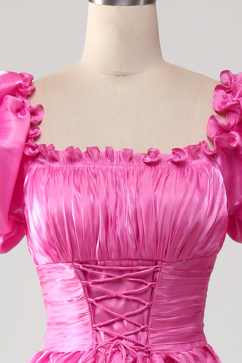 Load image into Gallery viewer, Puff Sleeves Hot Pink Prom Dress with Ruffles