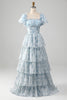 Load image into Gallery viewer, A Line Square Neck Light Blue Tiered Prom Dress with Ruffles