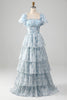 Load image into Gallery viewer, A Line Square Neck Light Blue Tiered Prom Dress with Ruffles