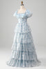 Load image into Gallery viewer, A Line Square Neck Light Blue Tiered Prom Dress with Ruffles