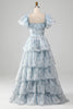 Load image into Gallery viewer, A Line Square Neck Light Blue Tiered Prom Dress with Ruffles