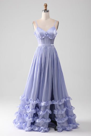 Lavender A Line Spaghetti Straps Tiered Long Corset Prom Dress With Slit