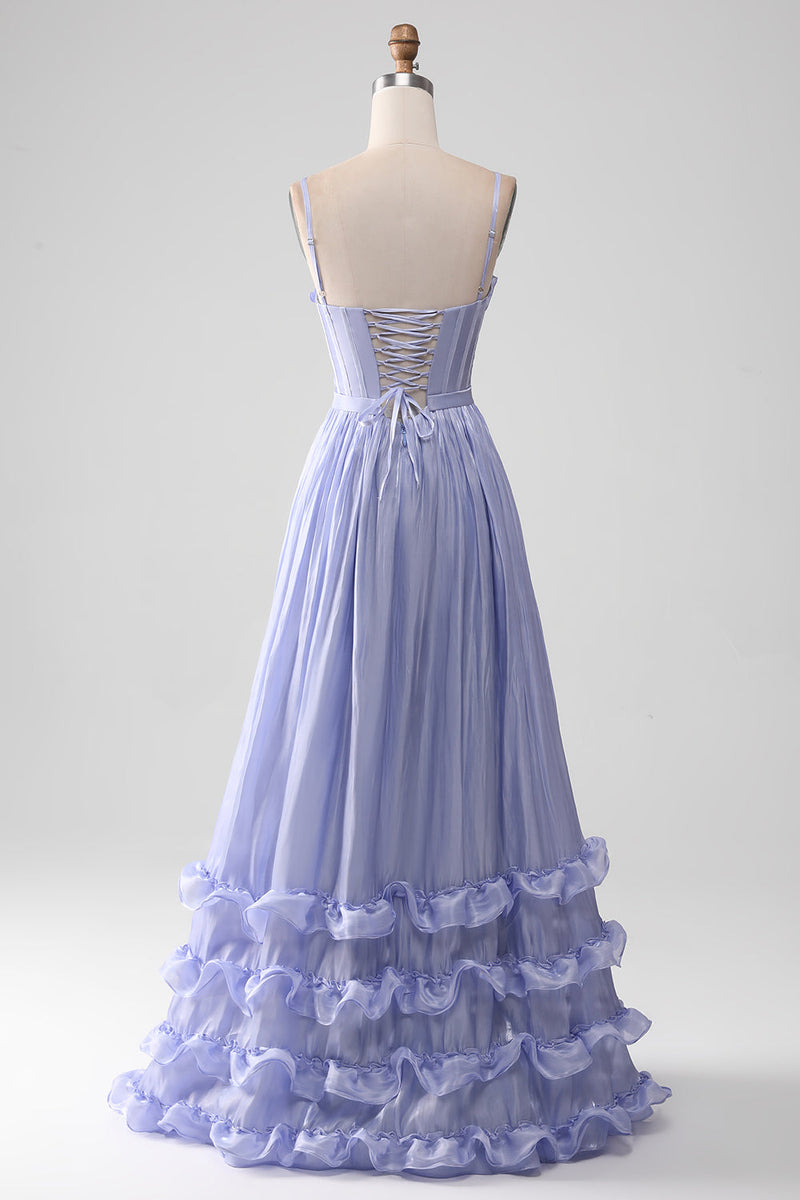 Load image into Gallery viewer, Lavender A Line Spaghetti Straps Tiered Long Corset Prom Dress With Slit