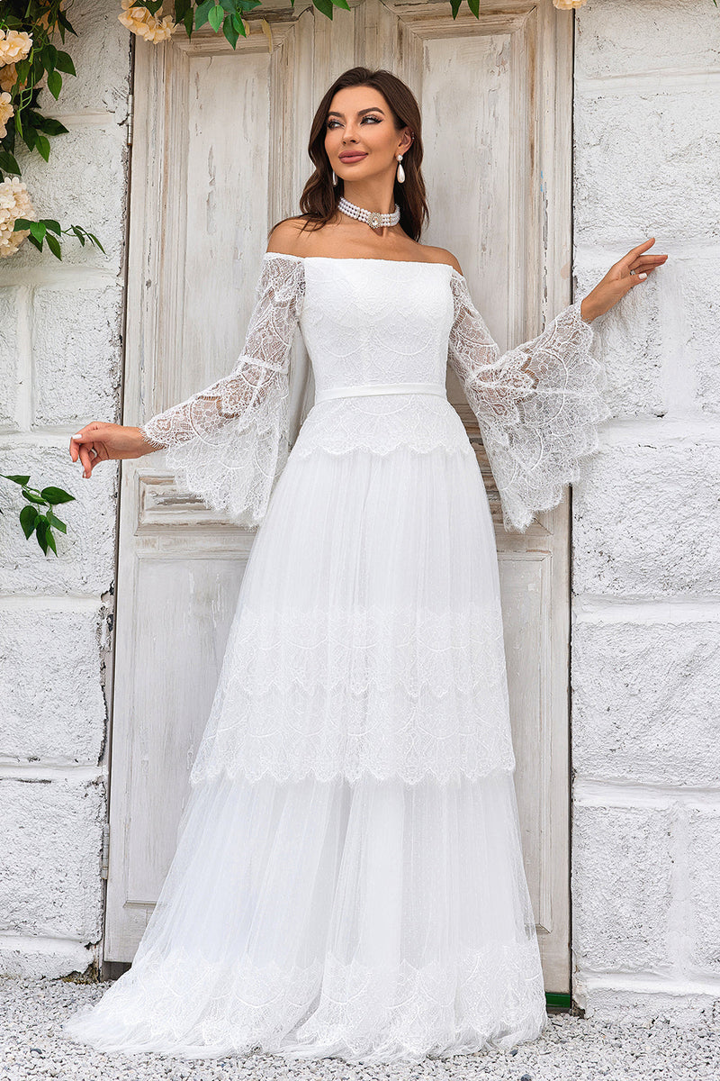 Load image into Gallery viewer, Ivory Sweep Train Flare Sleeves Wedding Dress