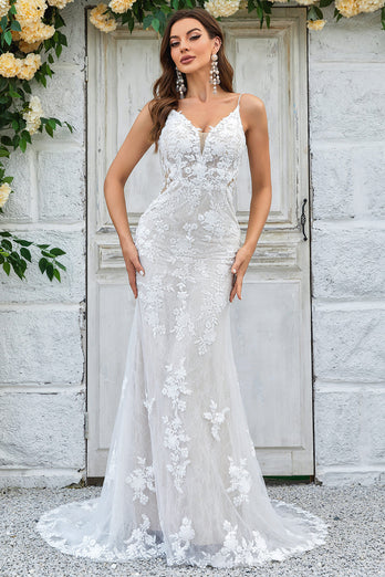 Ivory Mermaid Lace Long Wedding Dress