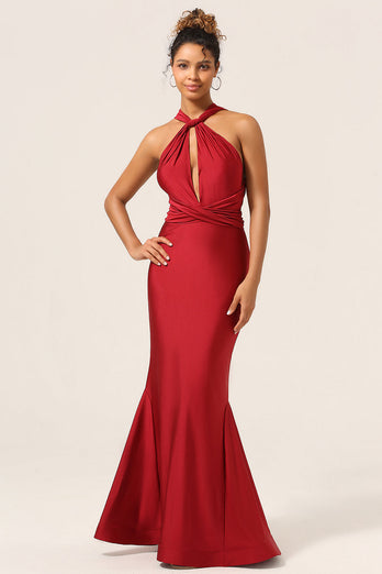 Satin Burgundy Halter Bridesmaid Dress