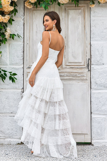 Ivory Lace Asymmetrical Detachable Train Boho Wedding Dress