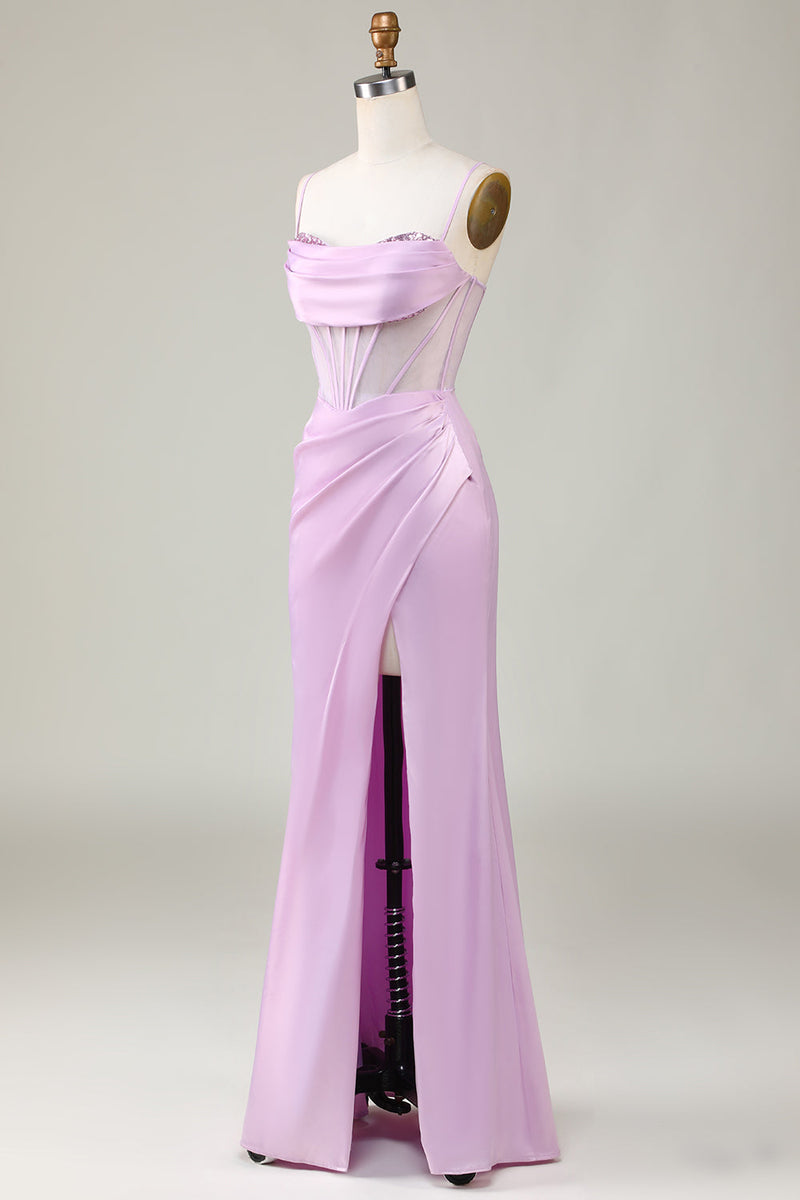 Load image into Gallery viewer, Mermaid Spaghetti Straps Lilac Long Bridesmaid Dress with Slit